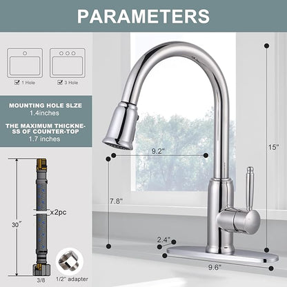 WOWOW Chrome Kitchen Faucet with Sprayer: 304 Stainless Steel Kitchen Sink Faucet for 1 or 3 Hole, High Arc Single Handle Mixer Taps with Deck Plate, Vintage Style