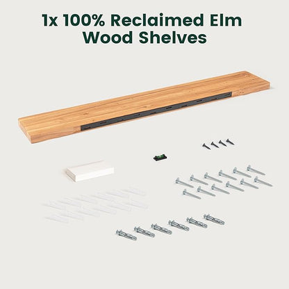 48 Inch Flat Edge Floating Shelves, 8 Inch Deep Solid Elm Wood Wall Shelf, Heavy-Duty Wall Mounted Shelf with Invisible Brackets for Living Room, Bathroom, Kitchen, Set of 1, Natural Color