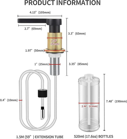 SD-80 All Brass Sink Soap Dispenser for Kitchen Sink Copper Pump Built in Dish Soap Dispenser with 17.6 oz(520ml) Bottle and 59"(1.5m) Extension Tube Kit (Matte Black)