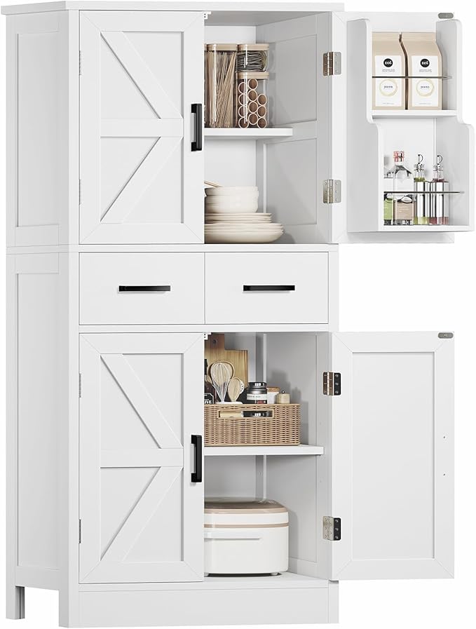 TEENFON 53" H Pantry Cabinet with 2 Drawers, Kitchen Storage Cabinet with 4 Door Shelves, Kitchen Pantry for Living Room, Dining Room, Bathroom, White