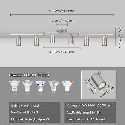 GORDNWE Track Lighting Fixtures, Black Track Light with Adjustable Track Heads, Directional Ceiling Spotlight for Kitchen, Office, Dining Room, Closet, Studio (6-Light GU10 Nickel)
