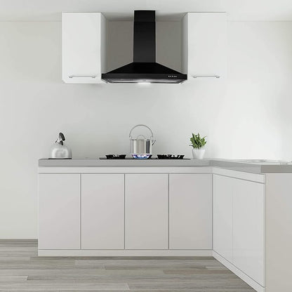 SNDOAS 24 inch Range Hood Black,Stainless Steel Chimney-Style Kitchen Hood, Ductless Stove Hood Vent with Energy Saving LED Light,Wall Mount Vent Hood, Push Button 3-Speed Exhaust Fan