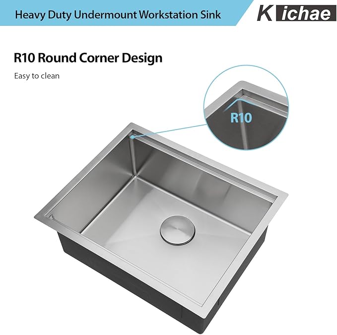 23 Inch Undermount Kitchen Sink - 23x19 Undermount Sink Ledge Workstation Stainless Steel 16 Gauge Single Bowl Handmade Round Corner Small Kitchen Sink with Cutting Board