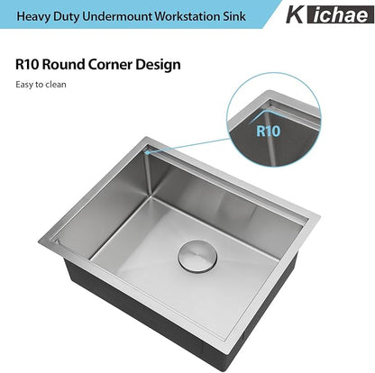 23 Inch Undermount Kitchen Sink - 23x19 Undermount Sink Ledge Workstation Stainless Steel 16 Gauge Single Bowl Handmade Round Corner Small Kitchen Sink with Cutting Board