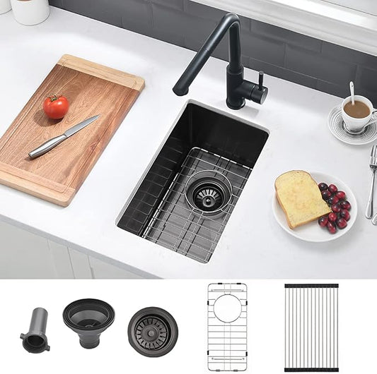10 Inch Black Bar Sink Undermount-VASOYO 10x18 Small Kitchen Sink Undermount Wet Bar Sinks 16 Gauge Black Stainless Steel Single Bowl Deep Camping Rv Sinks Bowl with Bottom Grid&Drain
