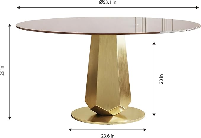 53" Brown Glass Round Dining Table for 4-8 People, Modern Kitchen Table with Smoked Tempered Glass Top & Gold Stainless Steel Base, Easy Assembly, for Dining Room & Kitchen