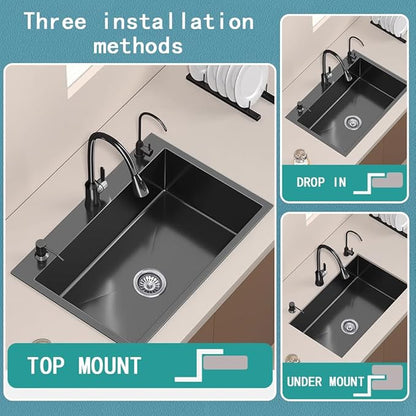 28.3 x 17.7 Inch Black Single Bowl Sink with faucet,Large Capacity Stainless Steel Drop In Kitchen Sink,Topmount Utility Workstation Sink With Multiple Accessories