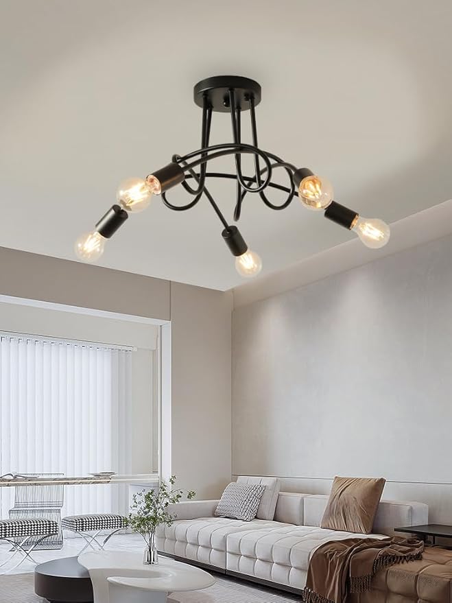 Modern Farmhouse Chandelier,25 Inch 5 Light Sputnik Semi Flush Mount Ceiling Light, Metal Black Rustic Light Fixture for Dining Room Bedroom Kitchen Hallway Entryway
