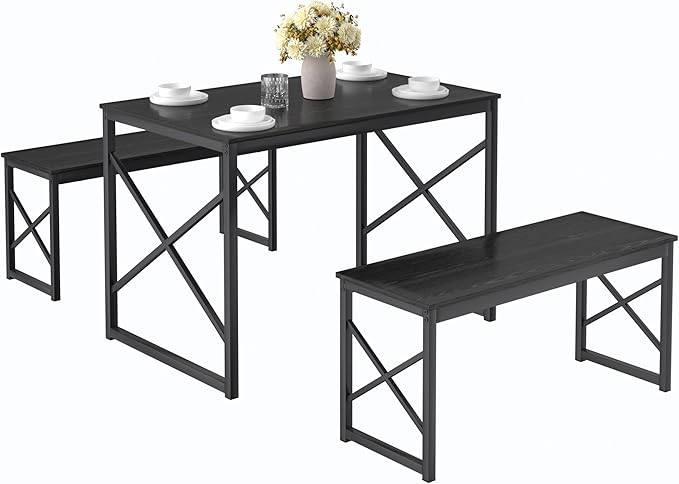 VECELO Kitchen Dining Table Benches Set for 4, 43.3" Wooden Dinette with 2 Benches, Heavy-Duty Dining Room Table for Small Space, Breakfast Nook, Black