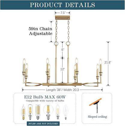 Gold Rectangular Chandelier 38in Linear Kitchen Island Chandelier Light Fixture 8 Light Gold Chandeliers Lighting for Kitchen Island Dining Room