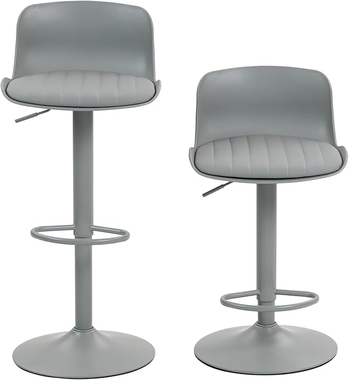 Bar Stools Set of 2 with Backrest, Adjustable Height Upholstered Barstools, Swivel Leather Island Chairs, Modern Armless Stools for Bar, Kitchen Island, Dining Room (Gray)