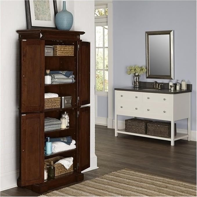 Bowery Hill Traditional Wood Kitchen Pantry, 72"H x 29.75"W x 16"D, Brown Cherry Finish, 4 Shelves, Distressed Oak Veneer, Carved Door Panels, Antique Nickel Hardware, Versatile Storage Cabinet for