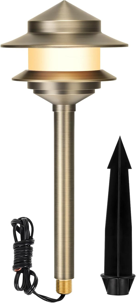 Gardencoin Pagoda Solid Brass Low Voltage Landscape Pathway Lights, 12V LED Heavy Duty Path Lighting Outdoor Wired, Waterproof Antique Bronze Walkway Lights with G4 Bulb, 1 Pack