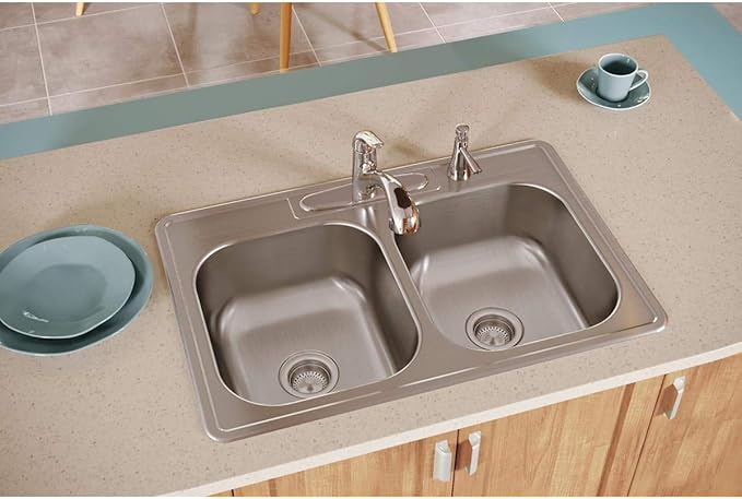 Dayton Stainless Steel 33" x 22" x 8-1/16", 5-Hole Equal Double Bowl Drop-in Sink