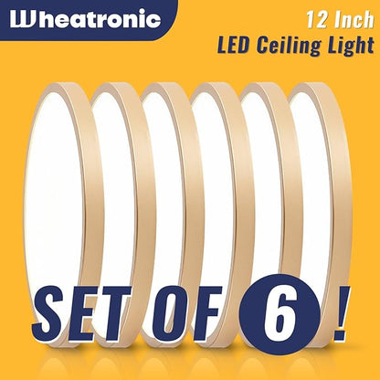Gold LED Flush Mount Ceiling Light Fixture, 12inch 28W 5000K LED Ceiling Light Set of 6, Ultra Slim Flush Mount Ceiling Lamp for Bedroom, Living Room, Dining Room, Kitchen, Hallway