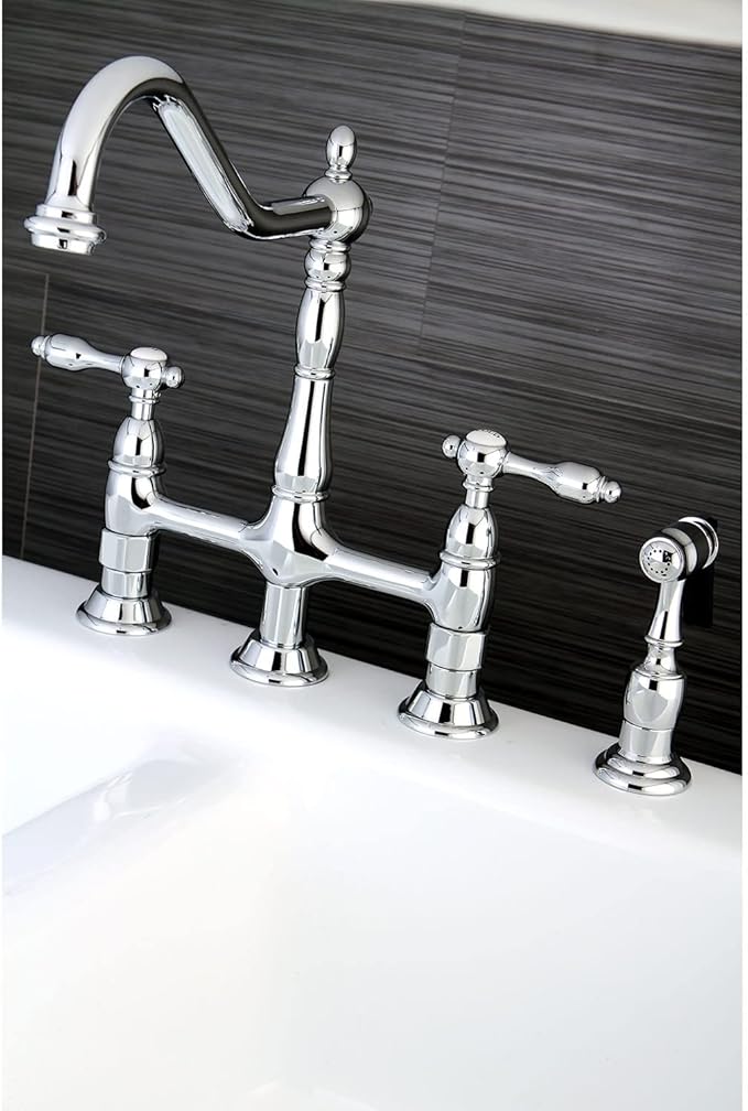 Kingston Brass KS1272TALBS Two-Handle 4-Hole Deck Mount Bridge Kitchen Faucet with Brass Sprayer in Polished Brass