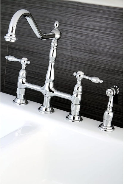 Kingston Brass KS1272TALBS Two-Handle 4-Hole Deck Mount Bridge Kitchen Faucet with Brass Sprayer in Polished Brass