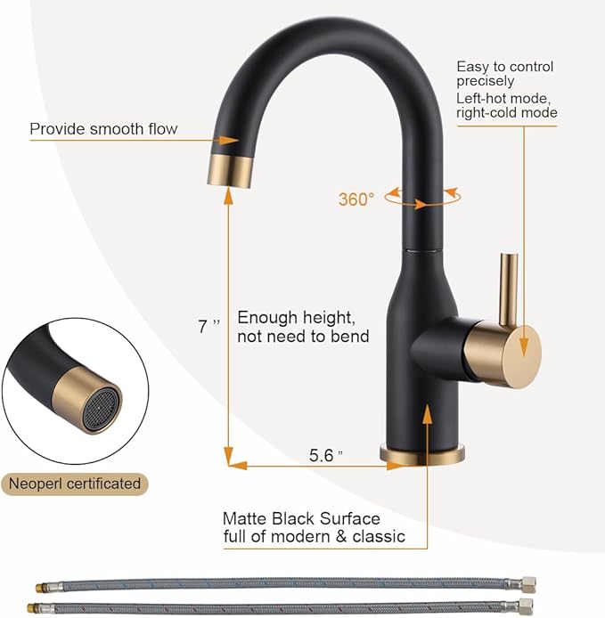 WOWOW Black and Gold Modern Single Handle Bar Faucet, 1 Hole, 360 Swivel, RV Sink Faucet, Mini Bar Tap with Water Supply Hoses