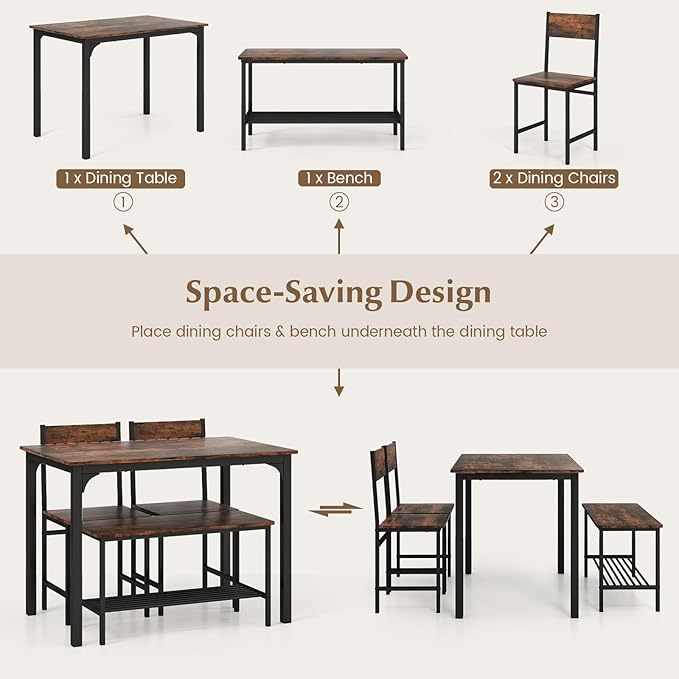 LDAILY Dining Table Set for 4, 4-Piece Wooden Kitchen Table and Chairs with Bench, Storage Rack & Metal Frame, Industrial Dining Room Table Set of 4 for Small Space, Apartment, Kitchen (Teak)