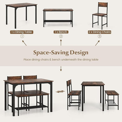 LDAILY Dining Table Set for 4, 4-Piece Wooden Kitchen Table and Chairs with Bench, Storage Rack & Metal Frame, Industrial Dining Room Table Set of 4 for Small Space, Apartment, Kitchen (Teak)