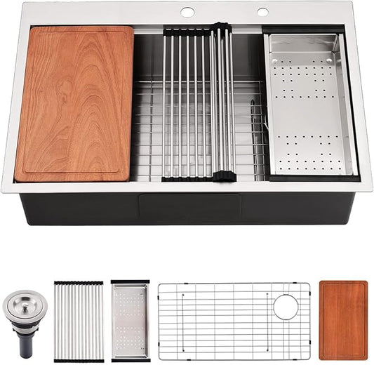 33x22 Drop In Kitchen Sink, 33 Inch Workstation Stainless Steel Sink Drop In Handmade Single Bowl Deep Kitchen Sink with Cutting Board