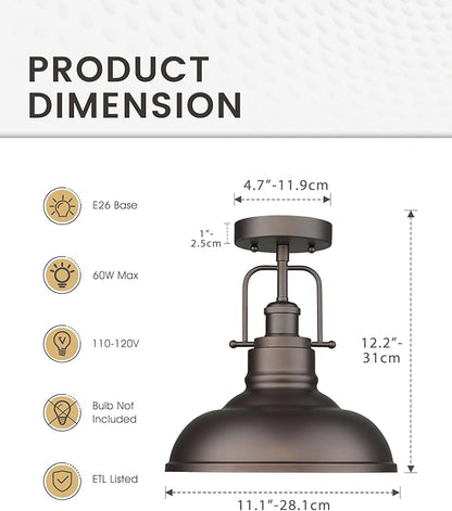 zeyu Farmhouse Semi Flush Mount Light Fixture, 11 Inch Industrial Ceiling Light Fixture for Indoor, Oil Rubbed Bronze Finish, ZY41-F ORB
