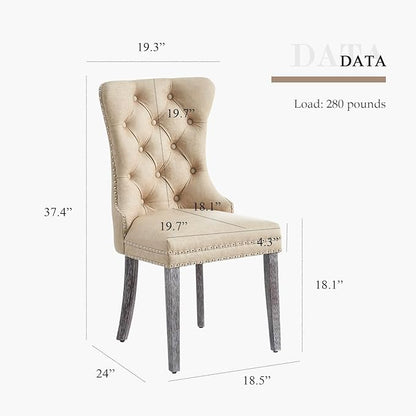 Eifizek Leather Dining Chair Set of 2, Dining Room Chairs with Nailhead Ring Pull Trim, Upholstered Dining Chairs with Solid Wood Legs for Kitchen Dining Room (Beige)