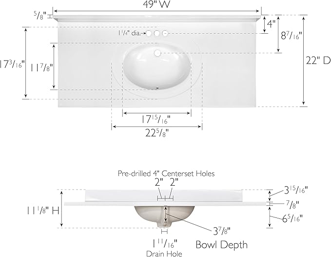 Design House Cultured Marble Vanity Top, 49 in W x 22 in D, Integrated 4 in Centerset Oval Sink & Backsplash, Solid White, 586255