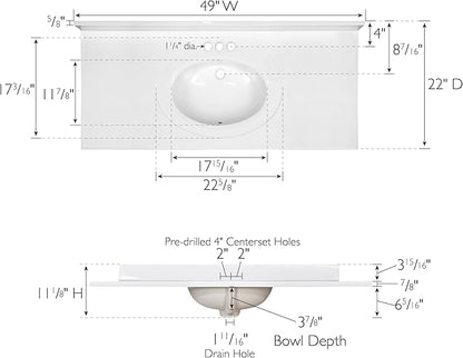 Design House Cultured Marble Vanity Top, 49 in W x 22 in D, Integrated 4 in Centerset Oval Sink & Backsplash, Solid White, 586255