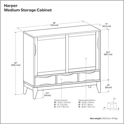 SIMPLIHOME Harper SOLID WOOD 48 inch Wide Mid Century Modern Medium Storage Cabinet in Walnut Brown, with Large Space Behind 2 Sliding Notched Handle Doors, 2 Adjustable Shelves