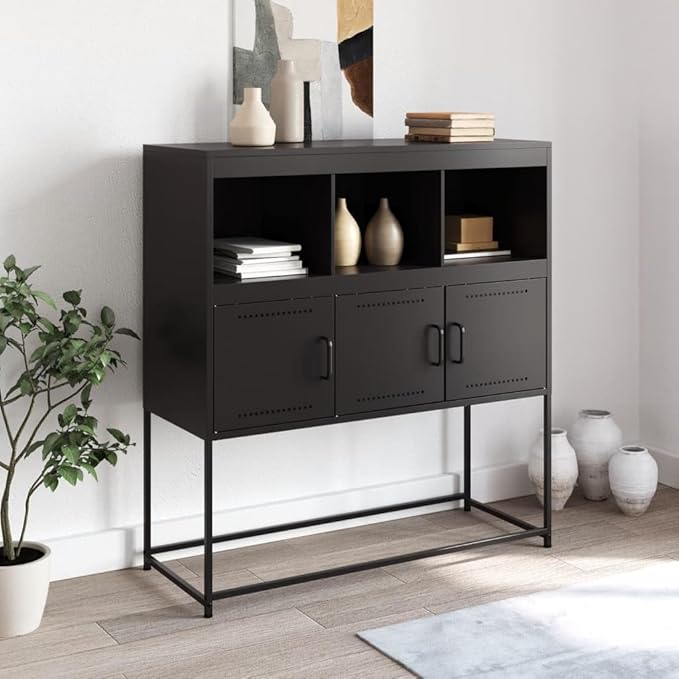 Black Cold-Rolled Steel Sideboard, 3-Door Buffet Cabinet for Living Room, Kitchen Island Furniture Storage, Matte Finish, 39.6 x 100.4 x 42.1 Inches Kitchen Furniture