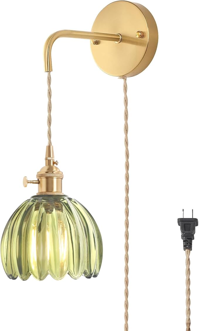 Shenmoyl Vintage Wall Sconce Wall Lamp with Green Tulip Glass Shade Hanging Wall Sconce with 4.9FT Plug in Cord, Modern Wall Lamp Fixtures Decor for Bedside Bedroom Indoor Doorway