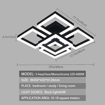 Garwarm Modern LED Ceiling Light, Black Flush Mount Light Fixtures,64W Ceiling Lamp for Living Room Bedroom Dining Room, 5 Square Metal Acrylic Surface Mount Chandelier Cool White 6000K