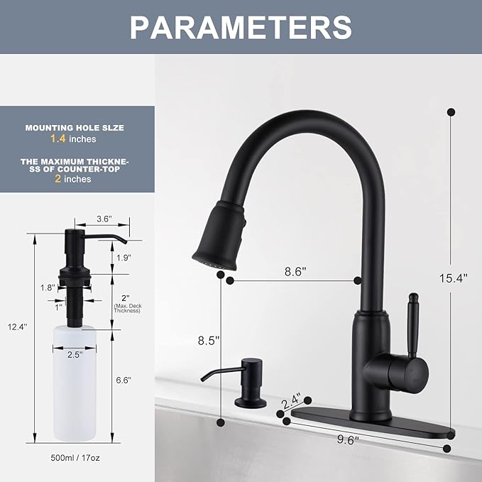 Black Kitchen Faucet with Soap Dispenser, WOWOW Stainless Steel Kitchen Faucet for Sink 2 or 4 Hole, High Arc Vintage Kitchen Sink Faucet with Pull Down Sprayer and Deck Plate