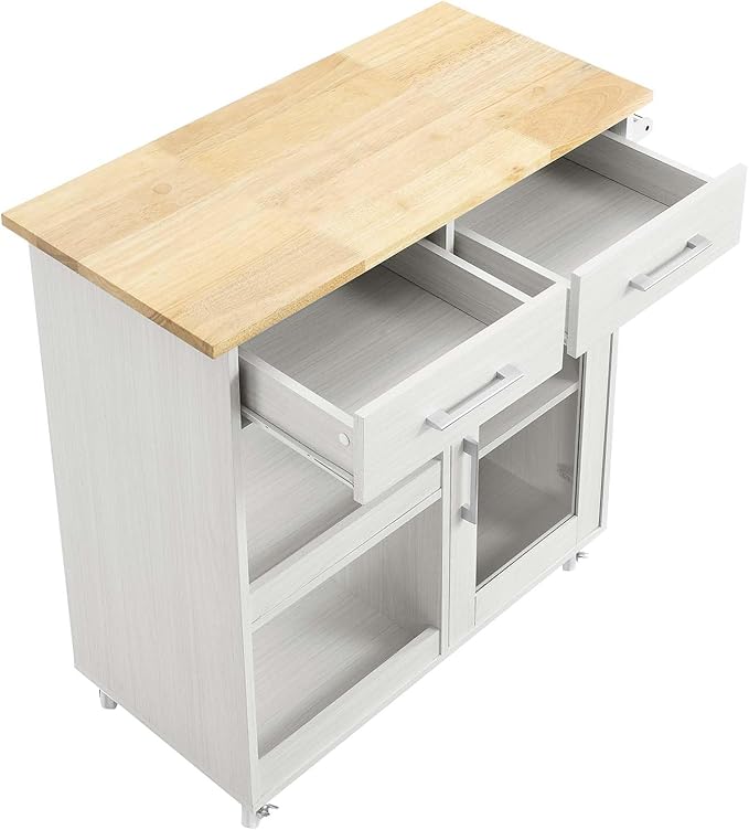 Modway Culinary Rolling Kitchen Cart with Storage in White Natural - 3 Tiers Kitchen Island on Wheels with Towel Bar, Functional as a Coffee Station, Bar Cabinet or Butcher Block Island