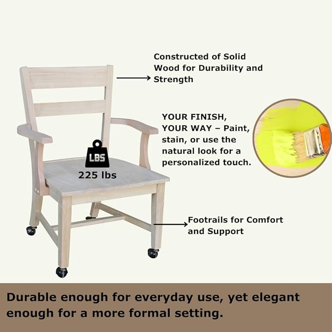 IC International Concepts, Solid Wood Dining Chair with Casters, Unfinished, 225lbs wt capacity, Solid Real Wood, Sturdy Parawood, DIY, Paint/Stain Ready, Unfinished