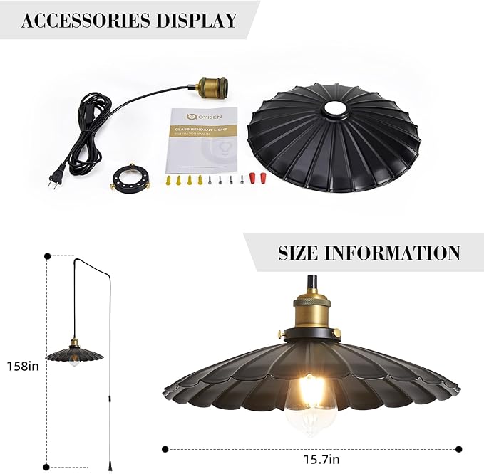 Plug in Pendant Lights for Ceiling,15.7 Inch Retro Black Metal Shade Plug in Hanging Lamp On/Off Switch Dining Room Hallway Hanging Pendant Light for Farmhouse