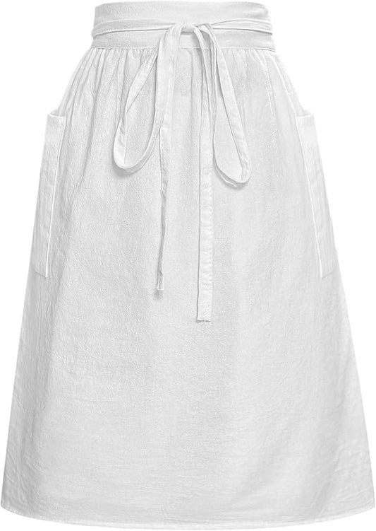 Cityelf Vintage White Apron Maid Pioneer Costume Victorian Style Cotton 50’s Ruffle Dress Apron with Long Ties and Pockets