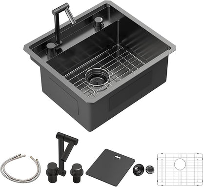 Sarlai Black Undermount Bar Sink With Foldable Faucet - 21x19 Inch Outdoor Black Kitchen Sink RV Workstation 16 Gauge Stainless Steel Single Bowl Handmade Outdoor BBQ Sinks with Lid