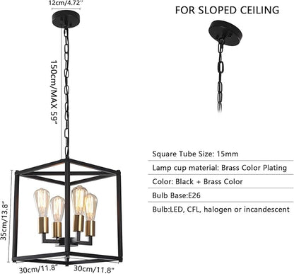 Lantern Pendant Light, 4-Light Gold Chandelier,Modernized Ceiling Hanging Light Fixture for Bedroom Kitchen Island Foyer Living Room Dining Room Hallway