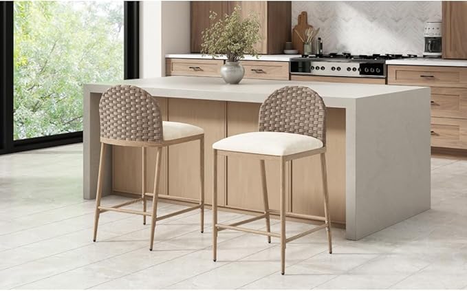 Farmhouse Barstools with Rattan Backrest for Kitchen Island Counter Seating