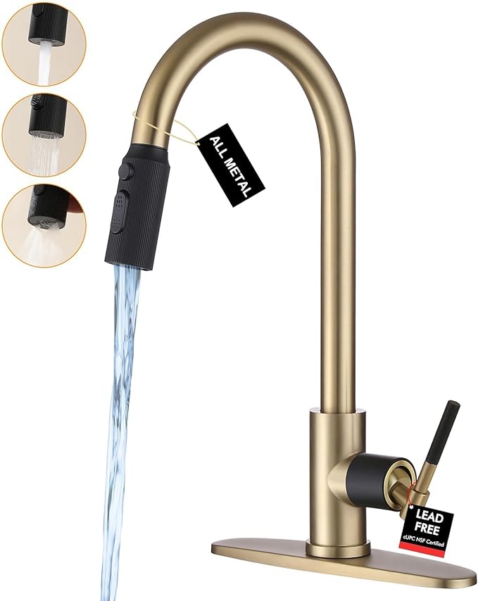 Kitchen Faucet with Pull Down Sprayer, Brushed Gold High Arc Stainless Steel Single Handle Kitchen Sink Faucet, 3 Spray Modes Metal Head, 1 Hole or 3 Hole Installation for Farmhouse