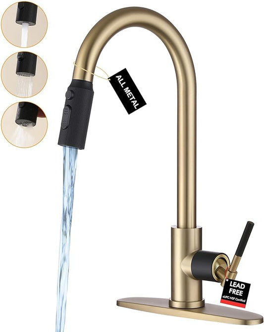 Kitchen Faucet with Pull Down Sprayer, Brushed Gold High Arc Stainless Steel Single Handle Kitchen Sink Faucet, 3 Spray Modes Metal Head, 1 Hole or 3 Hole Installation for Farmhouse