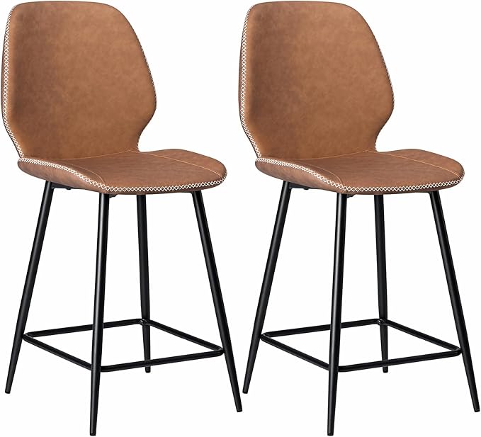 HOMMPA Counter Height Bar Stools Set of 2 Faux Leather 24'' Countertop Stool Chairs with Metal Legs Ergonomic Back Barstools for Kitchen Island Home Brown