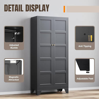 Yizosh Metal Storage Cabinet with 2 Doors and 4 Adjustable Shelves - 71" Black Kitchen Pantry Storage Cabinet,4-Tier Tall Steel Cabinet Locker for Living Room,Dining Room,Kitchen