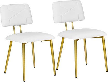 VECELO Dining Chairs Set of 2, Modern Upholstered Kitchen Chairs with Faux Leather Cushion Seat & Metal Legs for Kitchen, Living Room, Tufted Backrest Design, White