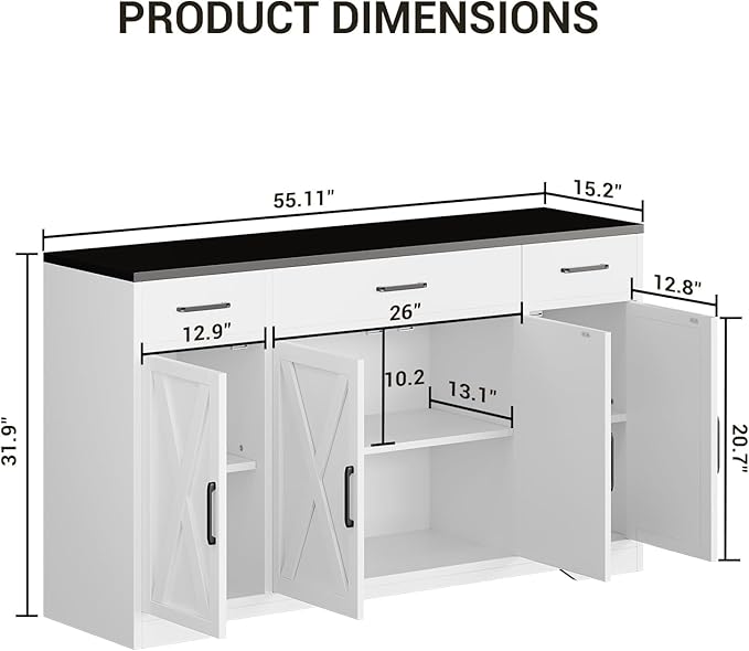 Modern Buffet Sideboard Kitchen Storage Cabinet With 3 Drawers, 55" Large Farmhouse Buffet Cabinet With Shelves and Doors, Wood Coffee Bar for Living Room Dining Room Hallway (White Black)