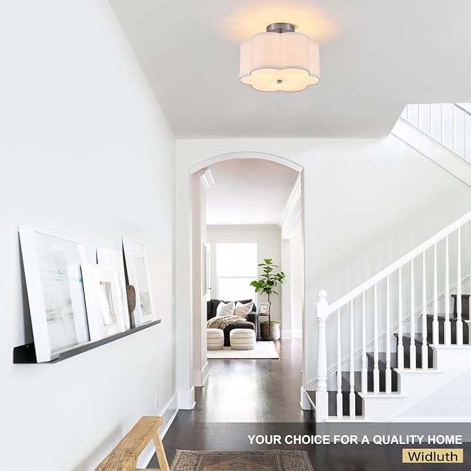 Modern Drum Semi Flush Mount Ceiling Light Fixture Modern 3-Lights Linen Drum Ceiling Lighting with Chrome Finish, Vintage Modern Ceiling Light for Laundry Room, Kitchen, Basement, Bedroom