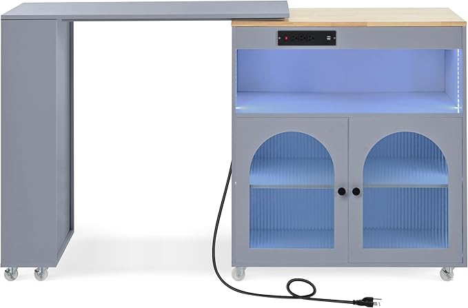 Modern Dining Table Kitchen Island on Wheels with Extended Table, Power Outlets, LED Lights, Fluted Glass Doors, Cabinet, Wood Counter for Living Room Decor,Blue-MDF