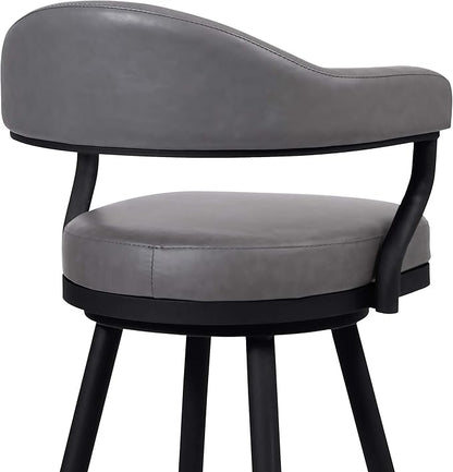 Armen Living Justin Modern Farmhouse 30" Seat Height Swivel Vintage Gray Faux Leather Bar Stool with Black Metal Legs for Kitchen Island Counter, Set of 2